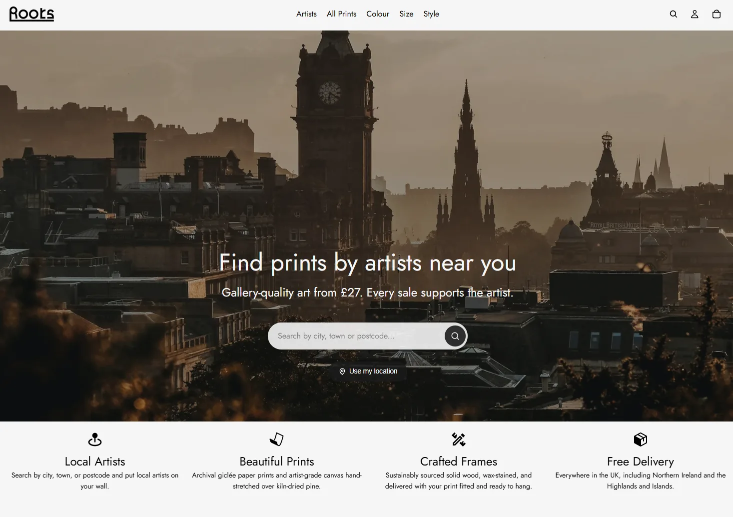 Roots homepage showing a search bar for finding artists by city, town, or postcode.